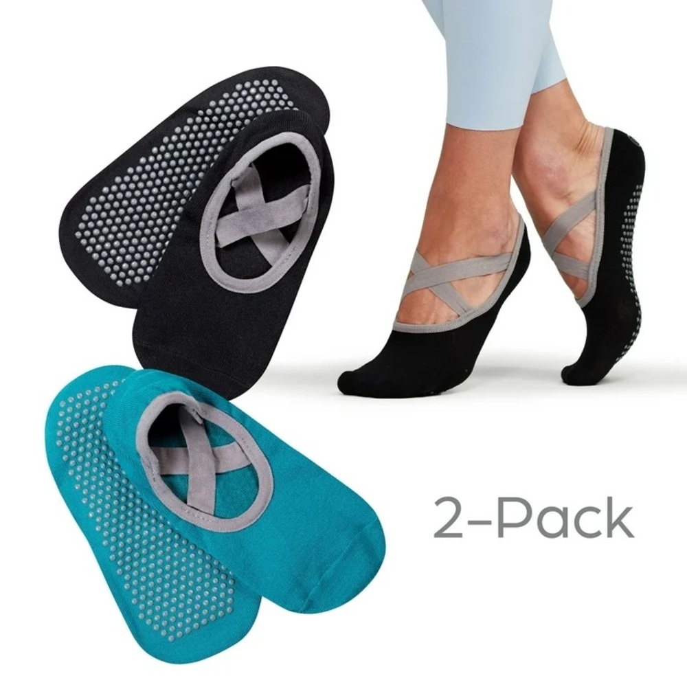 NWT GAIAM 2 Pairs Grippy Teal Blue & Black with Gray Yoga & Barre Socks